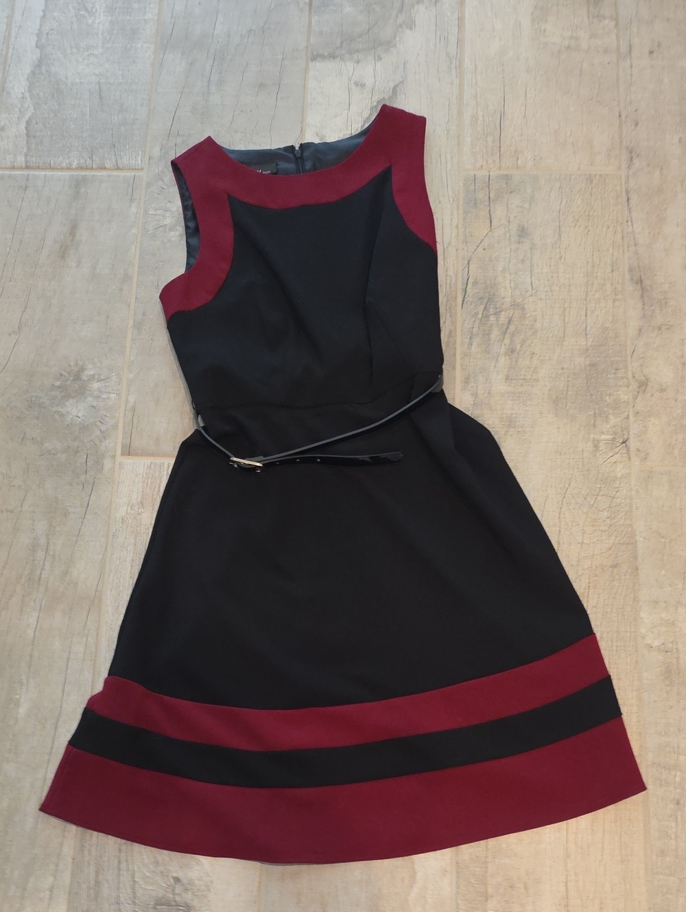 Sleeveless Black and Burgundy Fit-and-Flare Dress